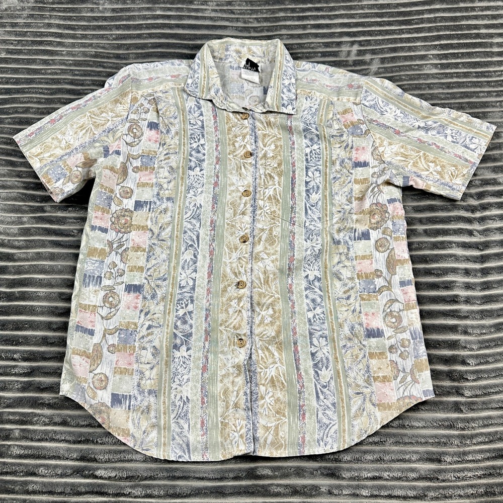 Top & Co Vintage Floral Stripe Button Up Shirt Tan Blue Made in USA Medium